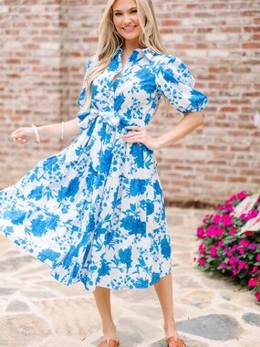 Shop the Mint Feeling Alive Blue Floral Midi Dress | Medium | NWOT Never Worn